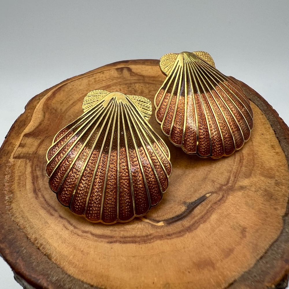 Gold and Brown Enamel Shell Earrings